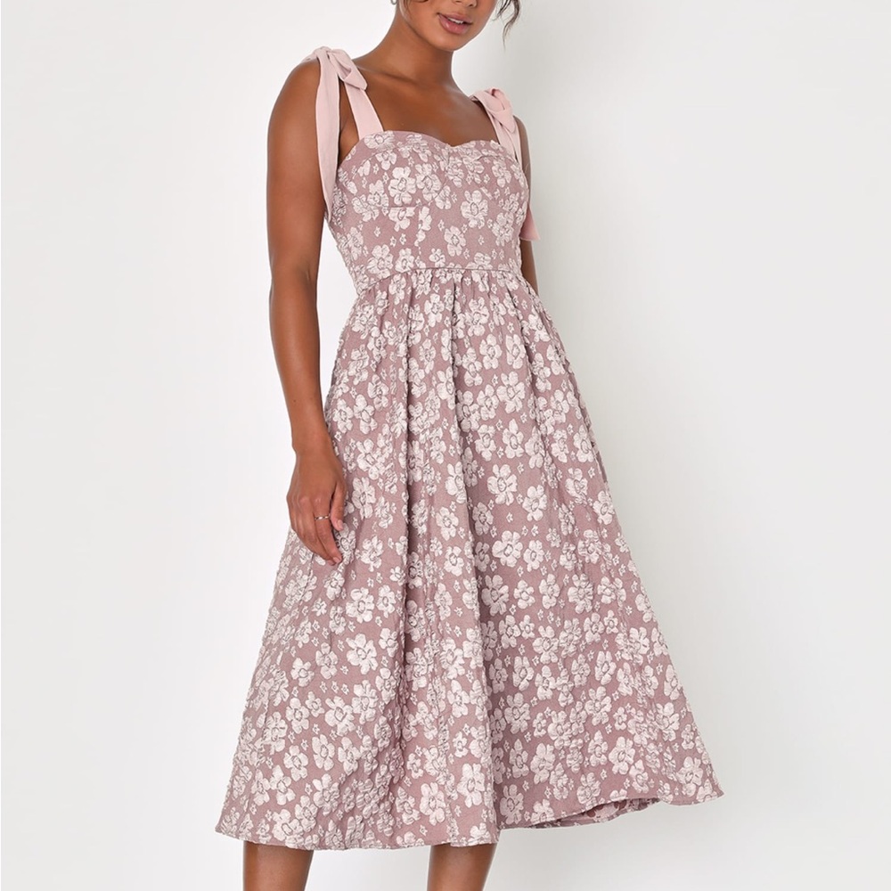 Lulu's Bubbly Bliss Mauve Pink Jacquard Bustier Tie-Strap Midi Dress